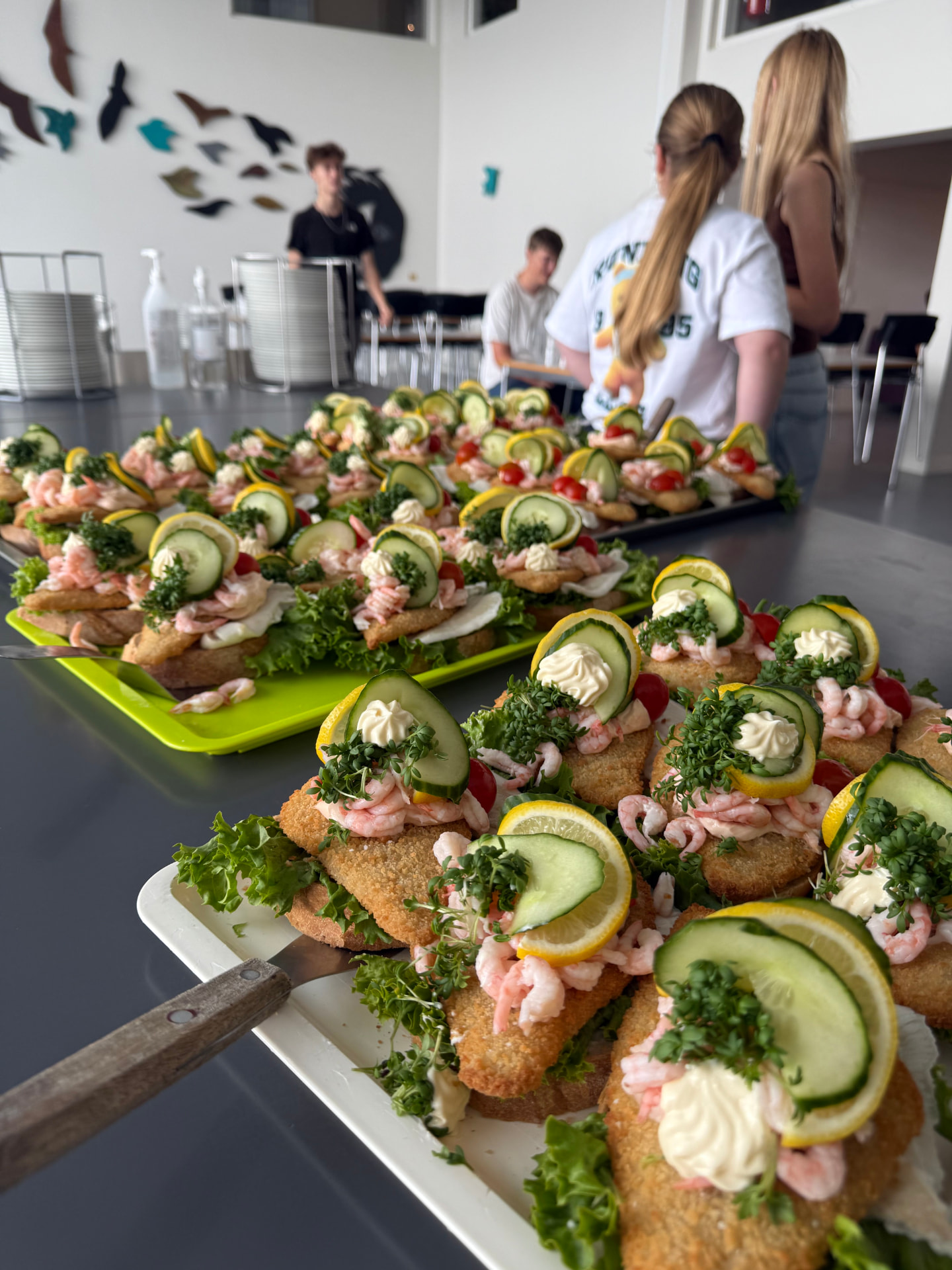 Fade med hjemmelavede fiskefileter med rejer, citron og agurk i spisesalen
